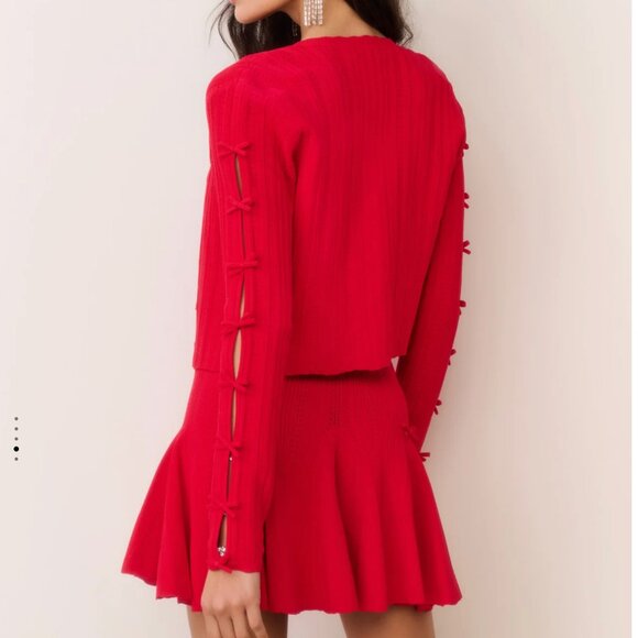 NWT LoveShackFancy Zoriah Rib Pointelle Knit Cardigan Candy Apple Red Holiday - Picture 4 of 5